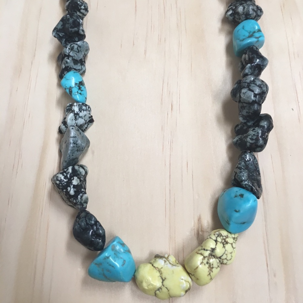 Rock beaded statement necklace teal/yellow/black